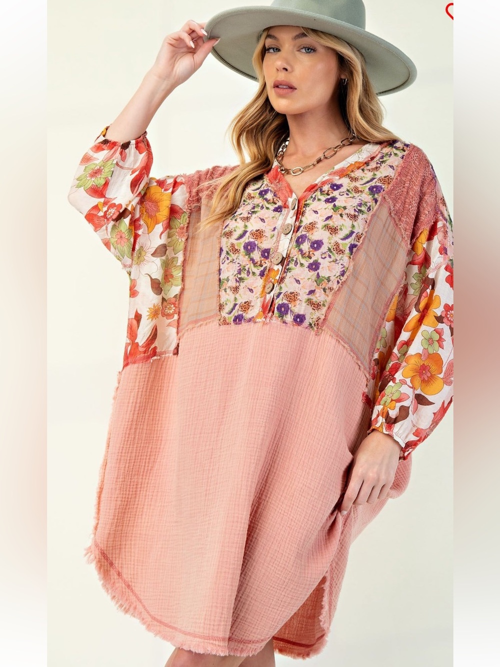 easel Dusty Pink Patchwork Floral Gauze Mini Dress